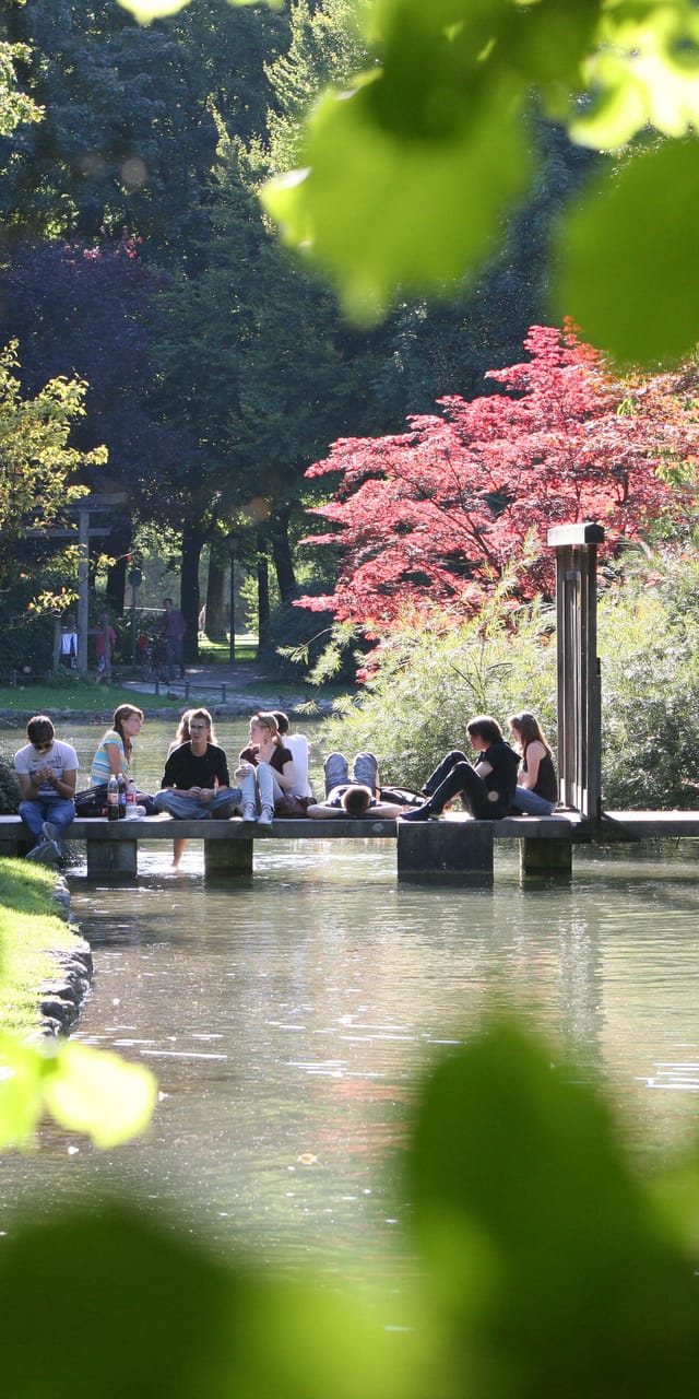 Blick durch grünes Laub auf den Teich am Japanischen Teehaus im Englischen Garten München, mit herbstlich rot gefärbtem Ahorn.