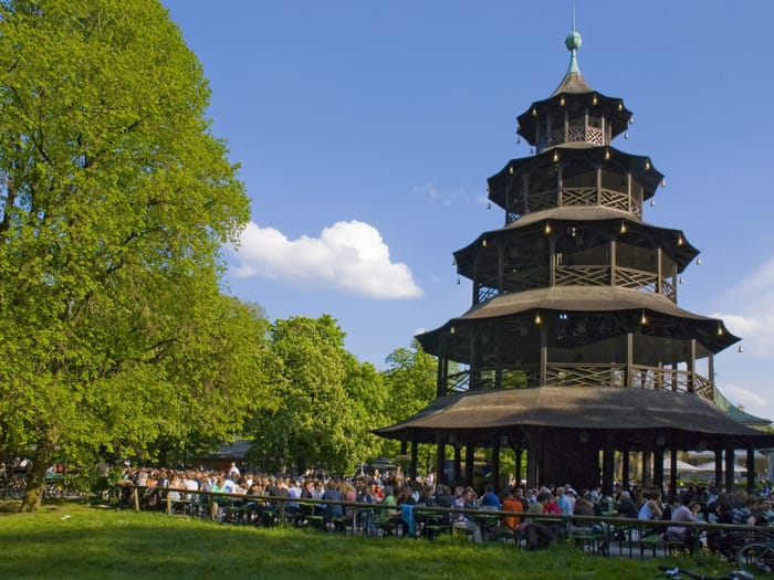 Chinese Tower in Munich's English Garden with beer garden.
