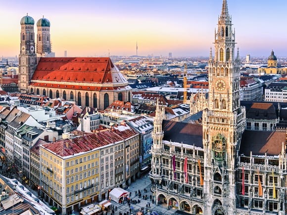 Aerial view of Marienplatz Munich with the New Town Hall at dusk.
