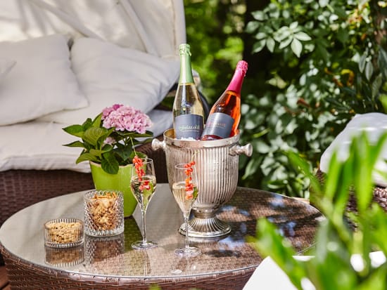 Zwei Flaschen Frizzante im Sektkühler mit zwei Gläsern, garniert mit Johannisbeeren, dazu Snackschälchen und eine Hortensie auf Rattan-Lounge-Tisch im grünen Garten.