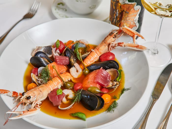 Seafood platter with langoustine, mussels and fish.